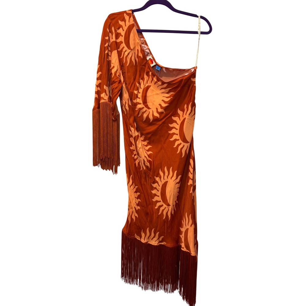 Farm Rio for Anthropologie Sun Motif One Shoulder Fringe Midi Dress Orange L NWT - Picture 4 of 13